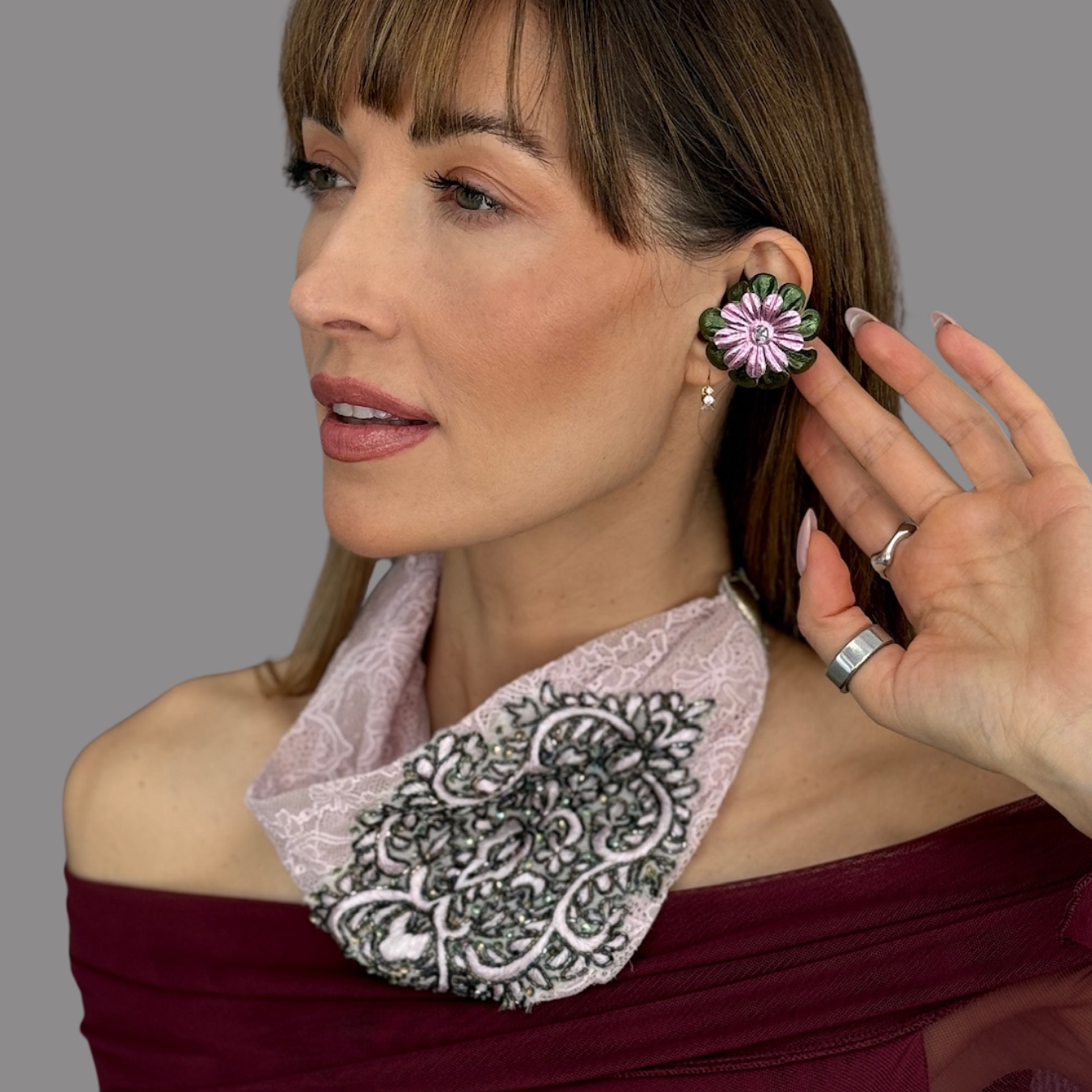 Peripherii French Lace Floral Appliqué Headband as Color in Pink Olive and PRIAMBLE AUDIO COUTURE