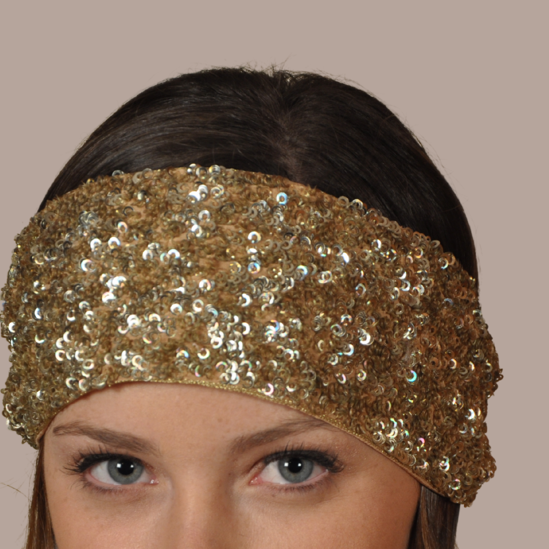 Woman in gold sequin embroidered headband by peripherii