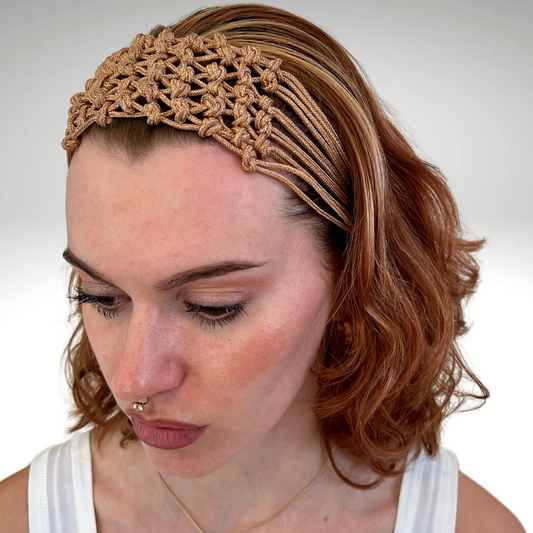 The Copperhead artisanal copper-knotted headband worn on the forehead, handcrafted luxury hair accessory by PERIPHERII
