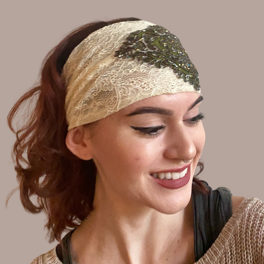 Peripherii French Lace Floral Appliqué Headband — Ivory and olive