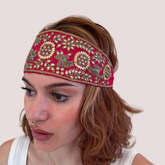 PERIPHERII The Goddess floral hand-embroidered headband in Fuchsia — front view