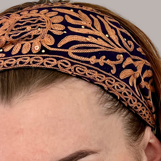 The Trellis purple pink hand-embroidered botanical headband with elastic back by PERIPHERII