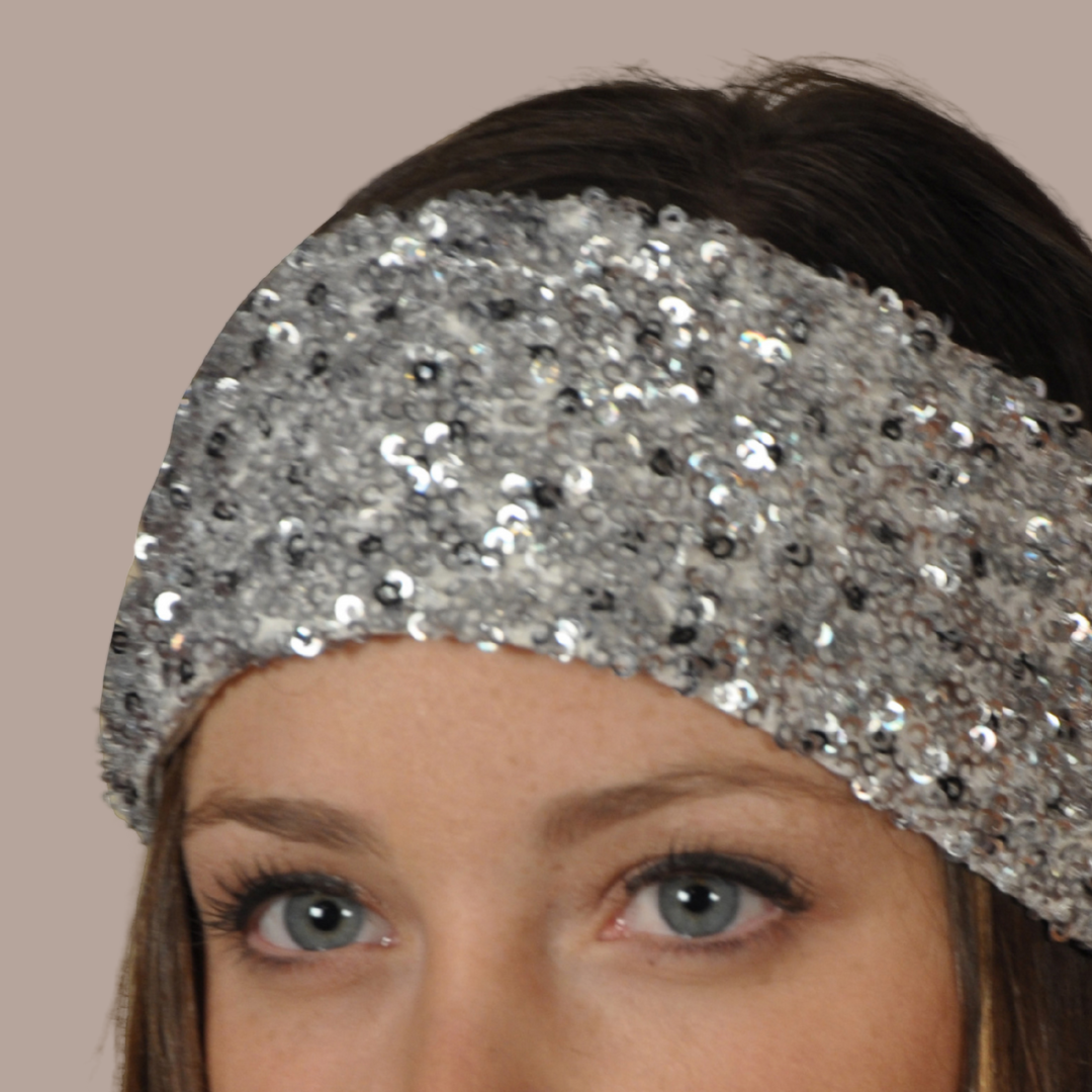 Women in silver black sequined wide embroidered headband