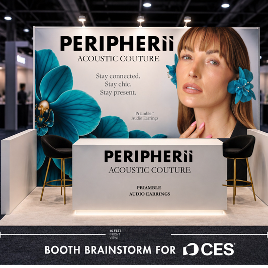 PERIPHERII CES booth concept with teal orchid imagery, a model wearing PRIAMBLE Audio Earrings, and Acoustic Couture branding.