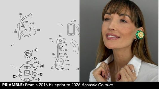 Peripherii Priamble Patent and Model wearing Audio Earrings