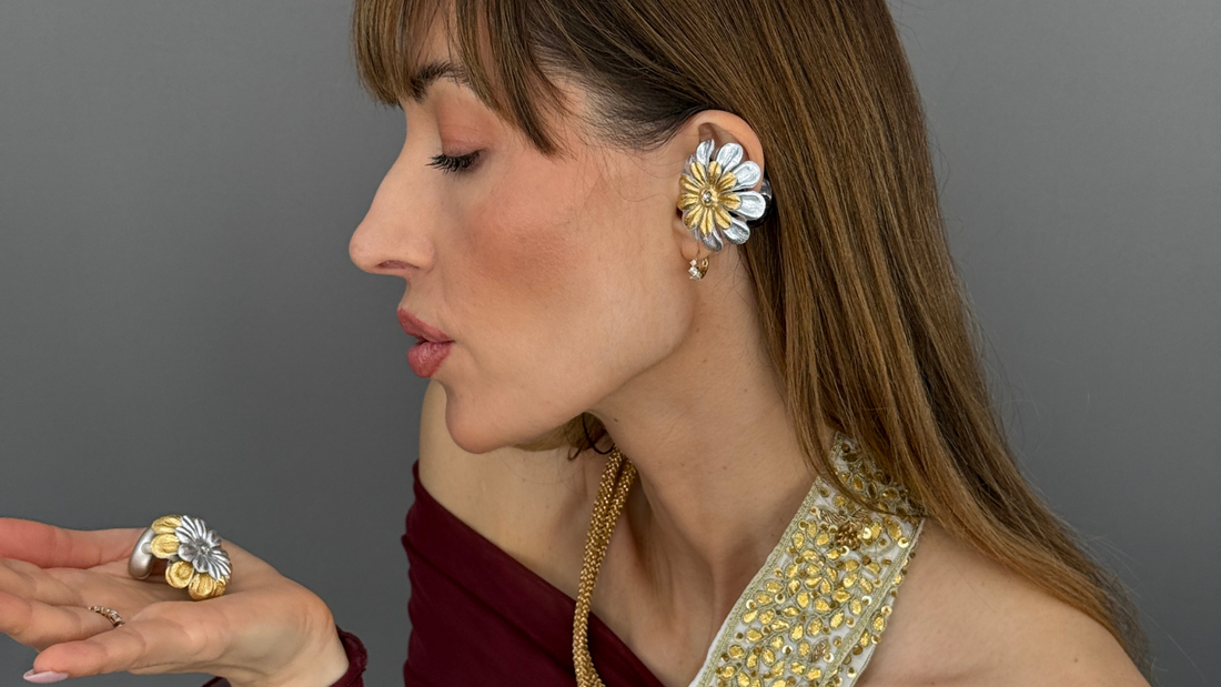 PRIAMBLE™ Audio Earrings in style Gita styled as a collar necklace with embroidered couture headband by Peripherii