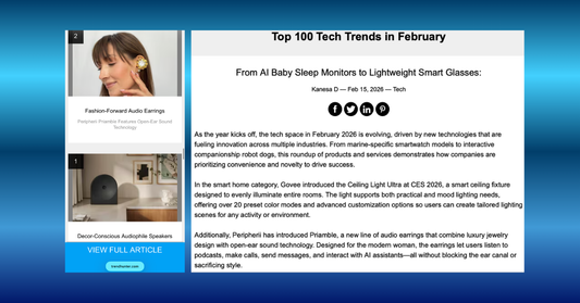 PERIPHERII PRIAMBLE™ audio earrings featured as #2 in Trend Hunter's Top 100 Tech Trends of February 2026 — composite screenshot of the feature