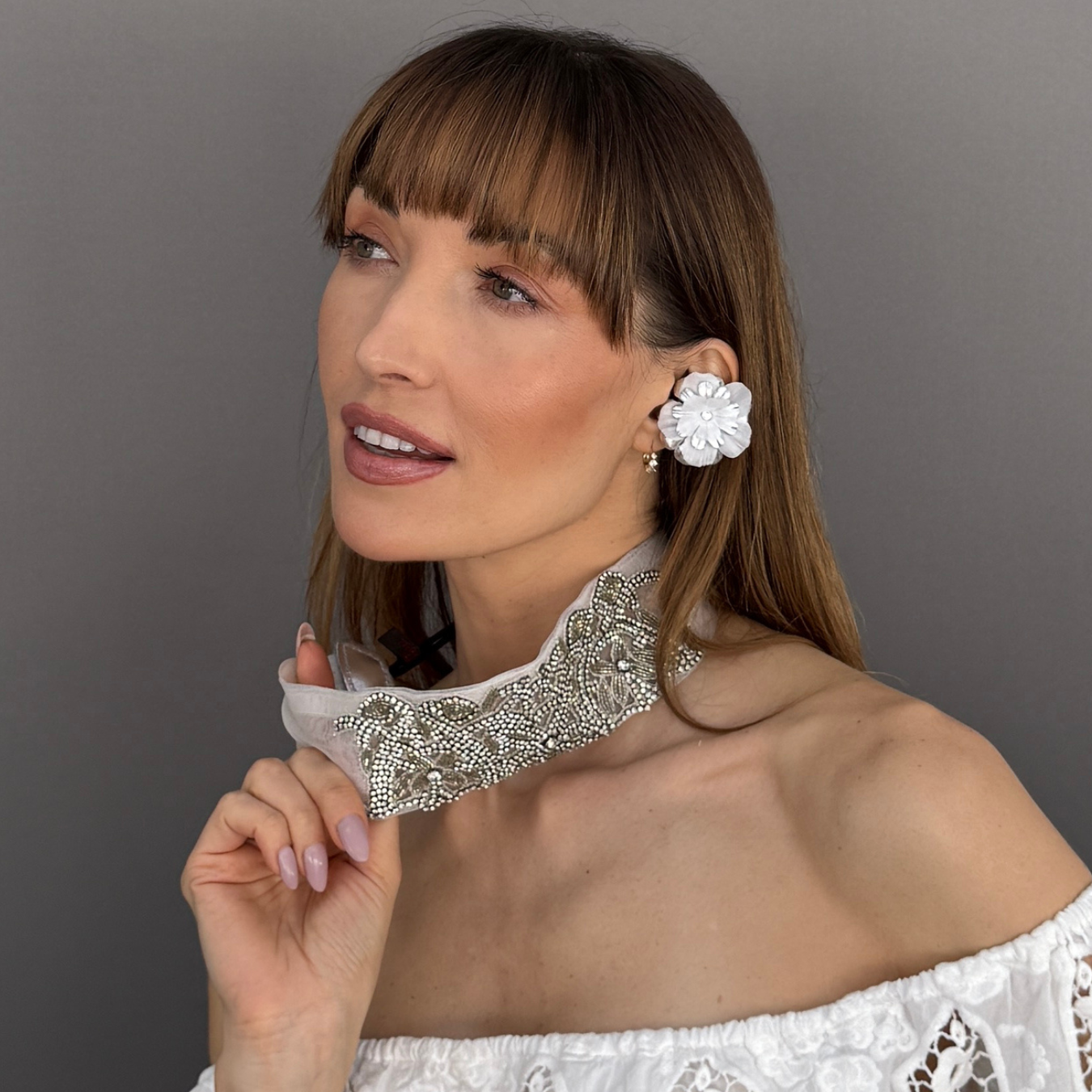 Priamble Audio Earrings styled with Peripherii Crystal Bridal Headband in Cloud Dancer and Silver