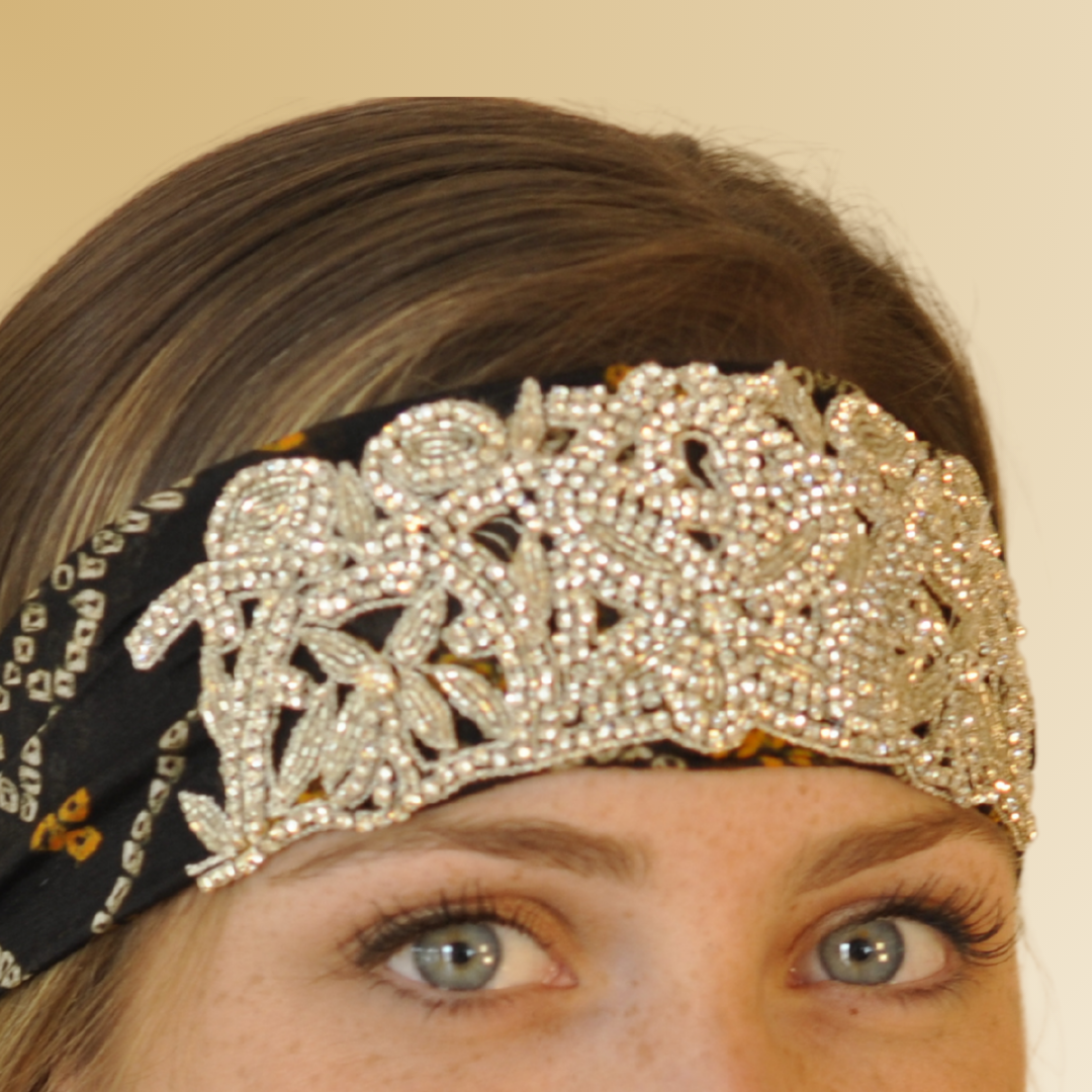 Black tie dye crystal embroidered headband with elastic back