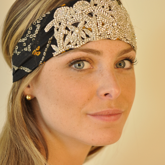 Black tie dye crystal embroidered headband with elastic back