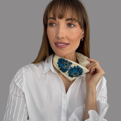 Peripherii French Lace Floral Appliqué Headband as Color in Ivory Blue