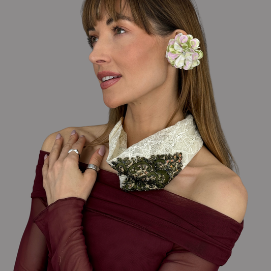 Peripherii French Lace Floral Appliqué Headband as Color in Ivory Olive and PRIAMBLE AUDIO COUTURE