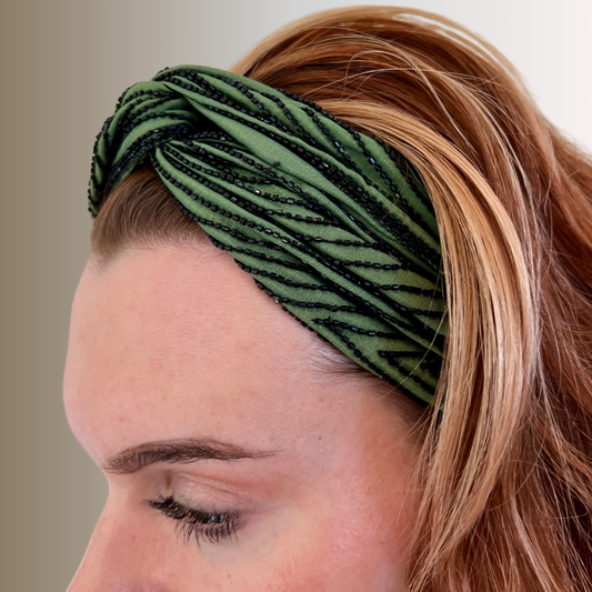 Woman in Turban Style Green Embroidered headband by Peripherii