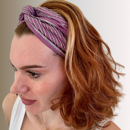 Woman in silver and lavender bugle bead embroidered headband by Peripherii