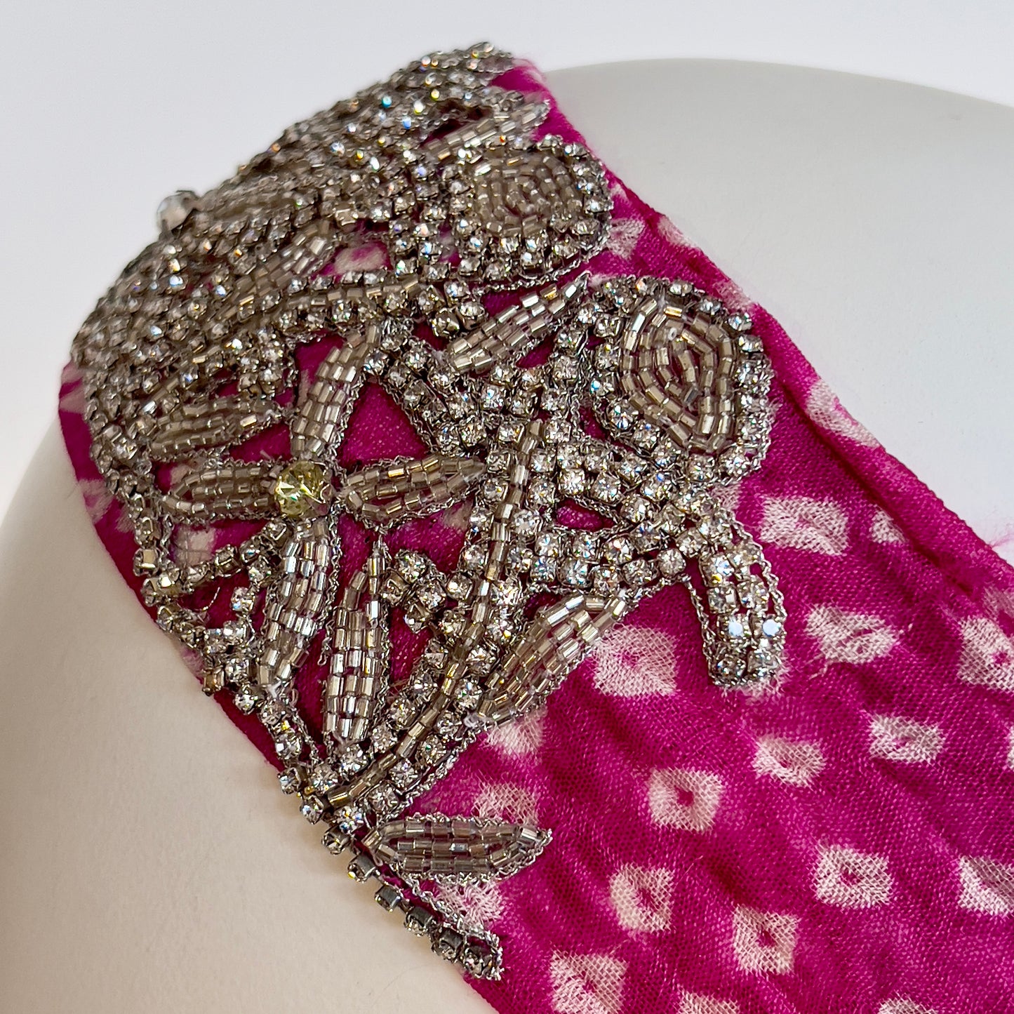 Fuchsia tie-dye headband with crystal embroidery and elastic back