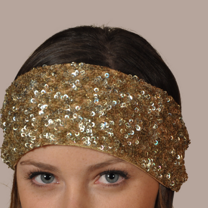 Woman in gold sequin embroidered headband by peripherii 