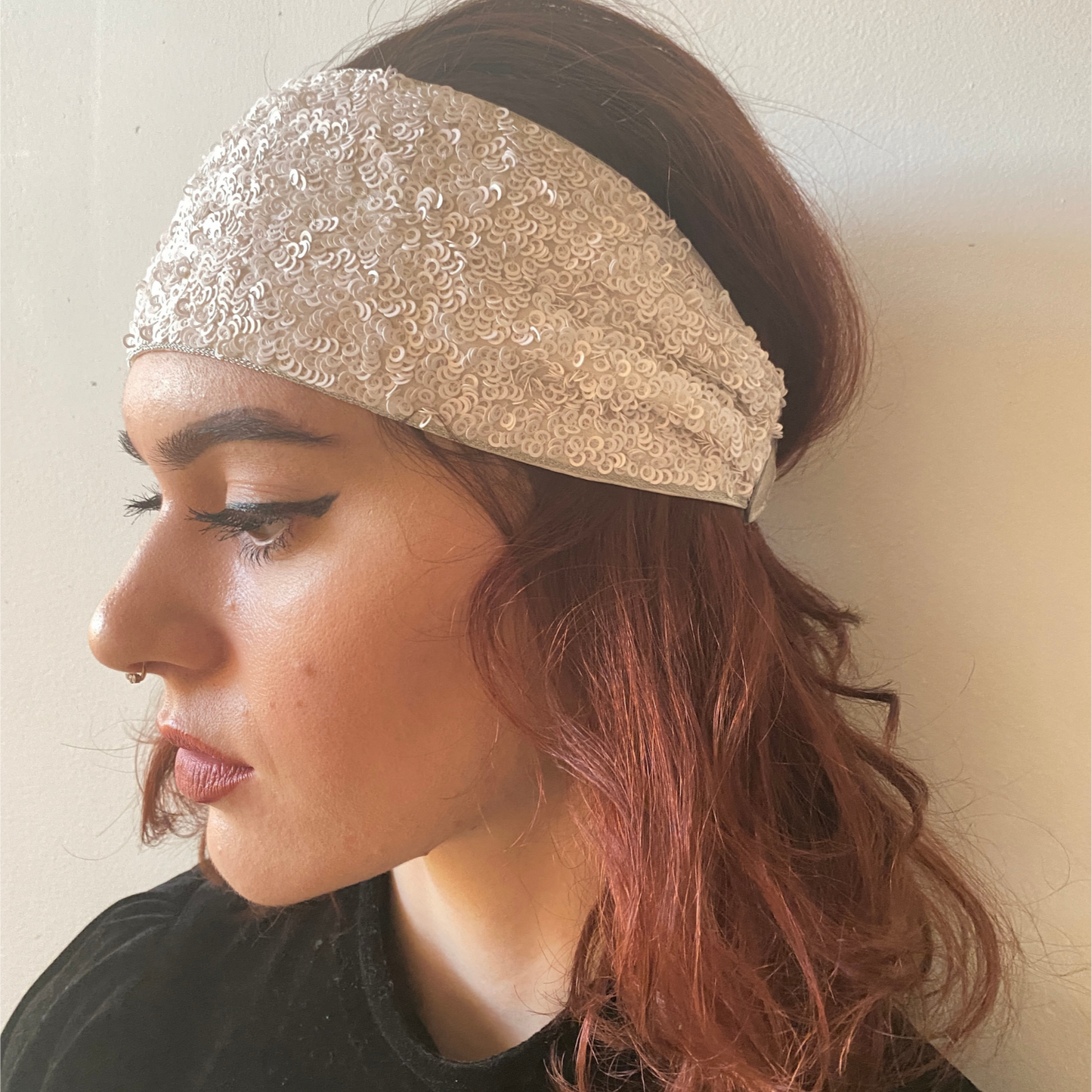 Ivory wide sequin embroidered headband