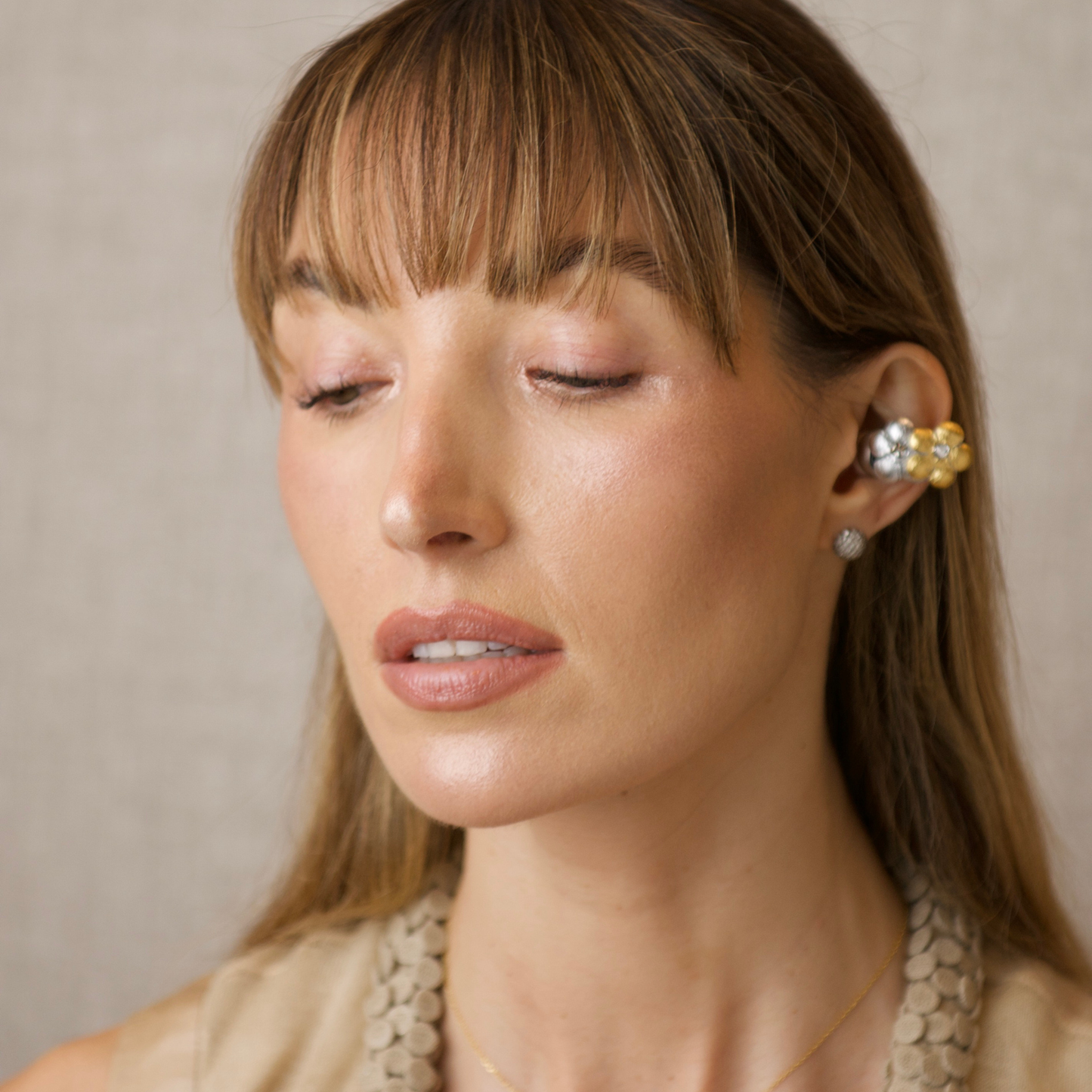 PRIAMBLE Mila Open-Ear Audio Earrings in Silver/Gold – Side View