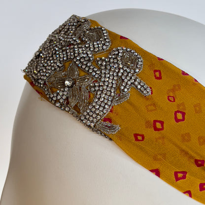 Mustard tie-dye headband with crystal embroidery, elastic back