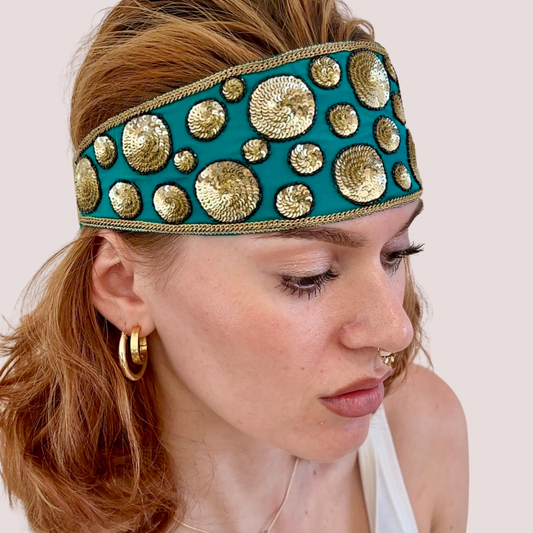 PERIPHERII The Volute sequin spiral hand-embroidered headband — Teal, gold spiral front view