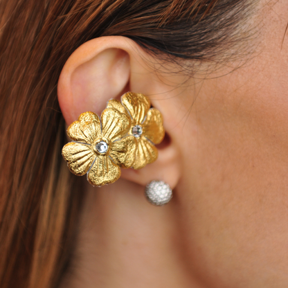 PRIAMBLE Aruna Open-Ear Audio Earrings in Gold – Closeup on ear