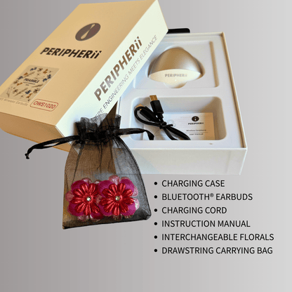 PERIPHERii earbud  kit shown with its open box, charging case, USB charging cable, instruction manual, and a black sheer drawstring bag holding two red floral embellishments. Text on the right lists included items: charging case, Bluetooth earbuds, charging cord, instruction manual, interchangeable florals, and drawstring carrying bag.