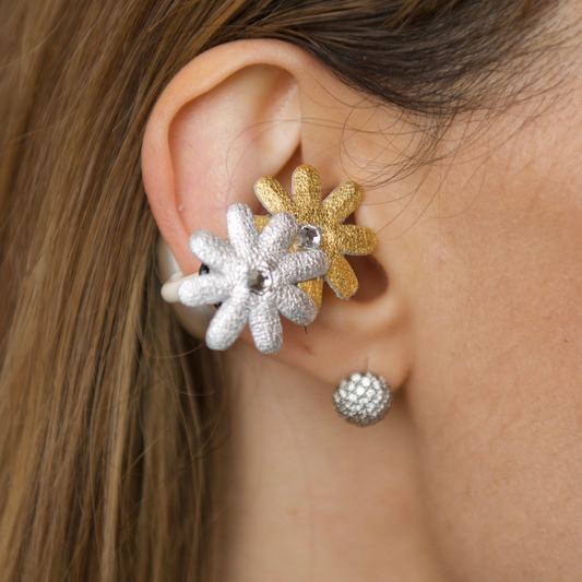 PRIAMBLE Promil Open-Ear Audio Earrings in Silver/Gold – Close-Up Detail