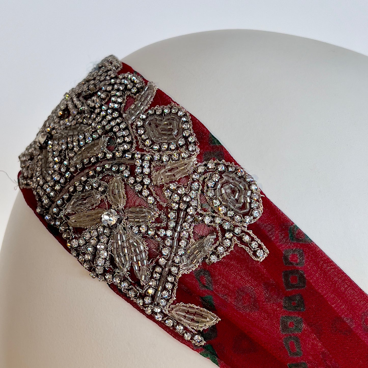 Red tie-dye headband with crystal embroidery, elastic back