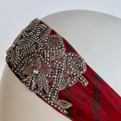 Red tie-dye headband with crystal embroidery, elastic back