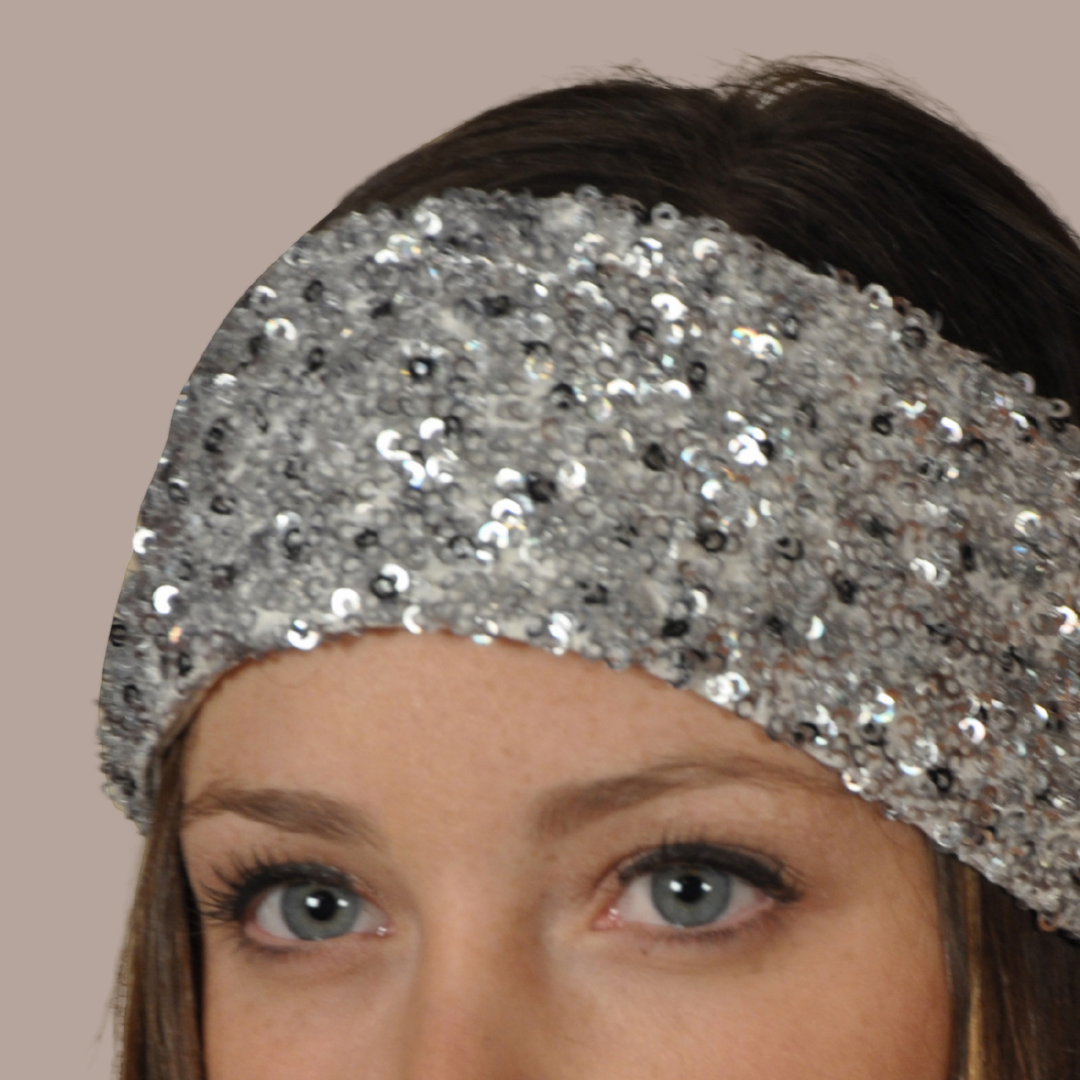 Women in silver black sequined wide embroidered headband 